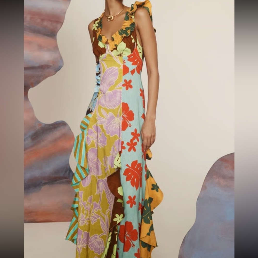 Alemais Multicolor Floral Patchwork Ruffle Maxi Dress